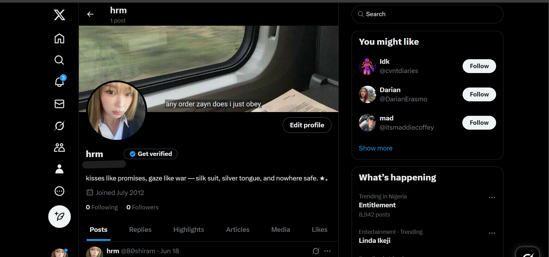 2012 X (Twitter) Account 0 Followers